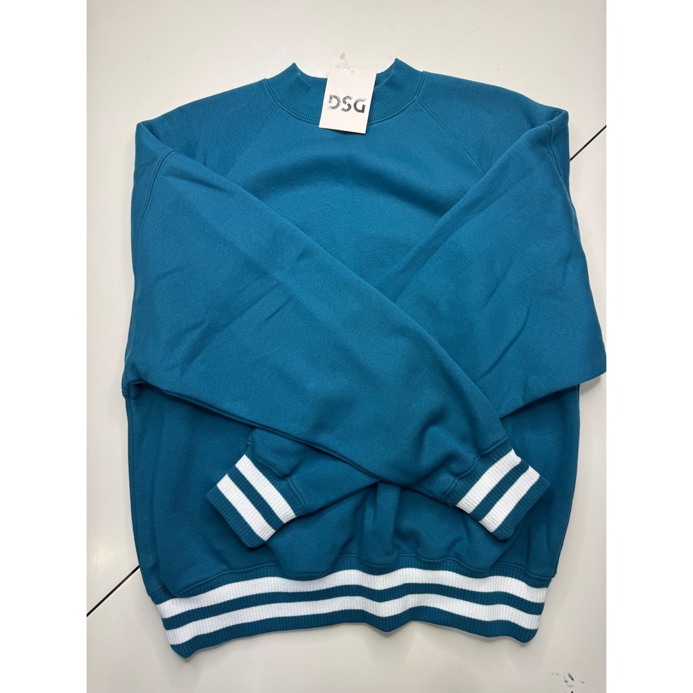 DSG Classic Fleece Mockneck Sweatshirt Dark Teal Blue Varsity Stripe Womens XS